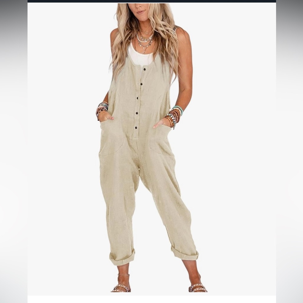 Amazon Beige Button-Front Linen Jumpsuit Romper